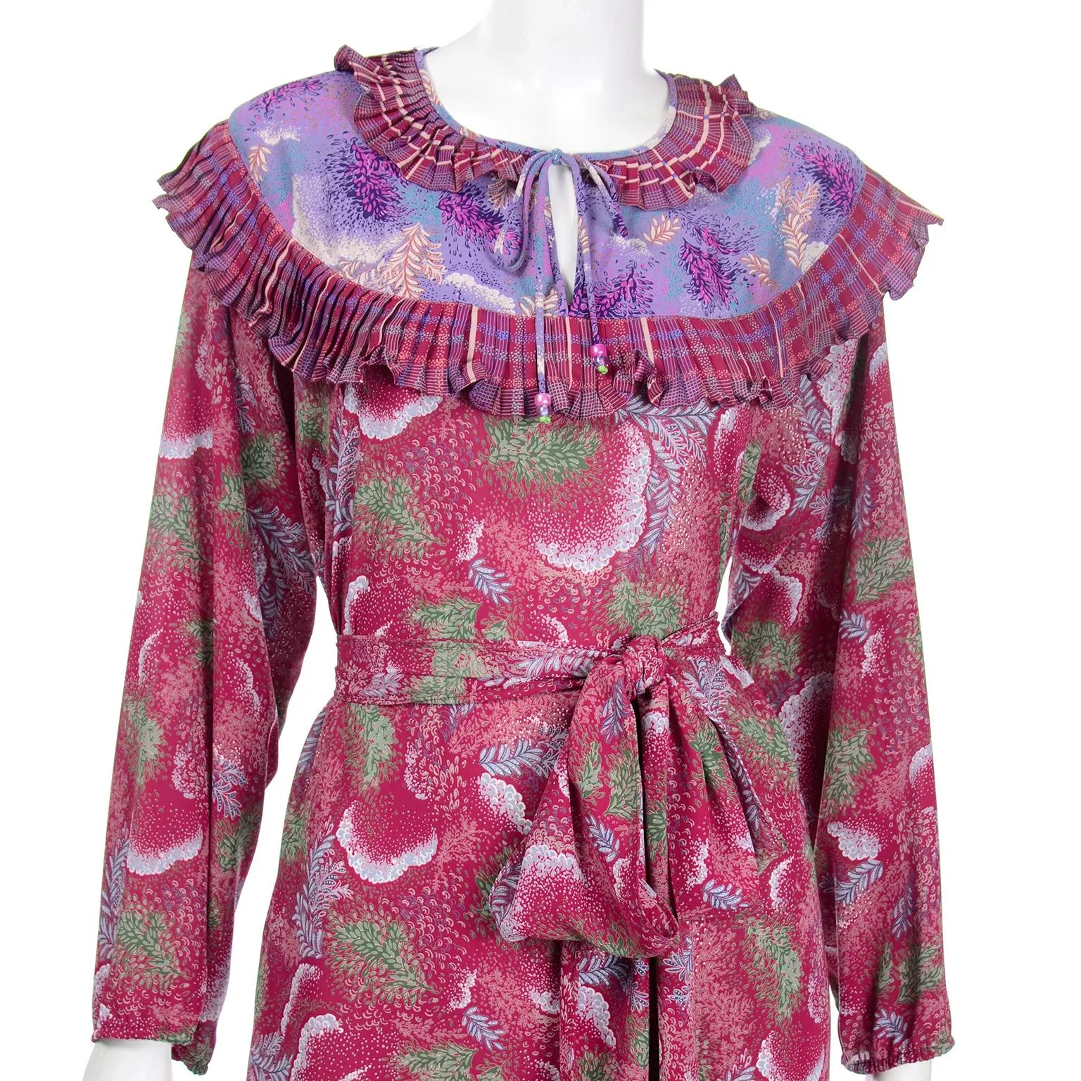 1980s Diane Freis Red & Purple Botanical Floral Print Ruffled Dress