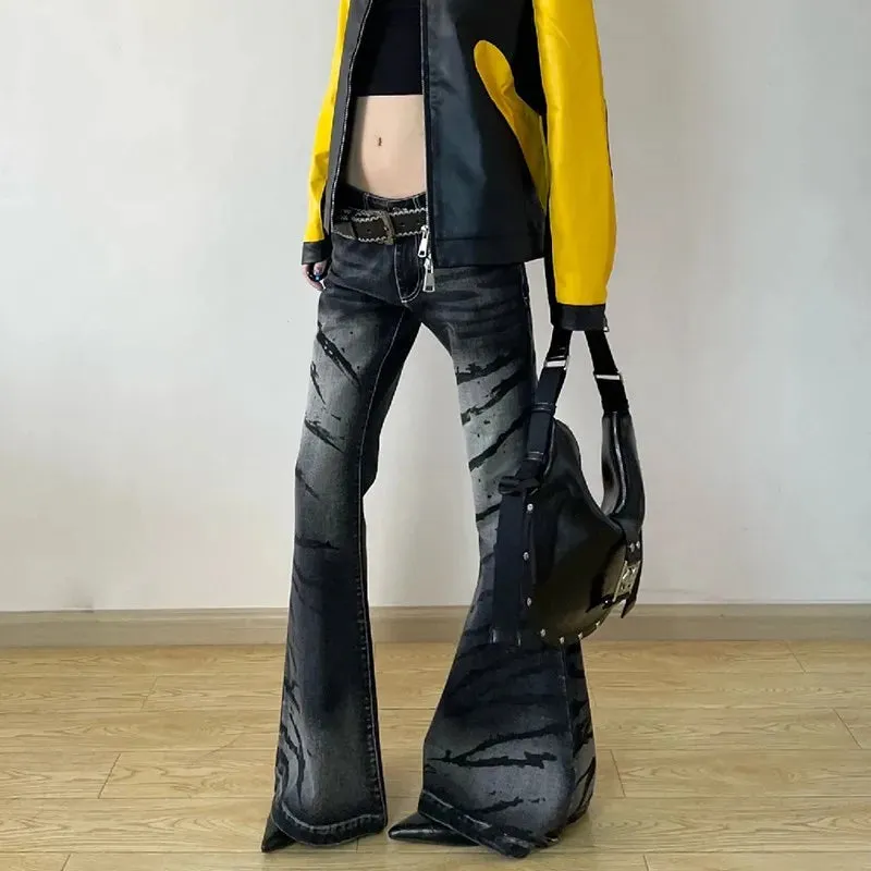 Aiertu  American Retro Black Flare Jeans Vintage Distressed Baggy Jeans Grunge Bell Bottom Denim Pants Boyfriend Mopping Jeans