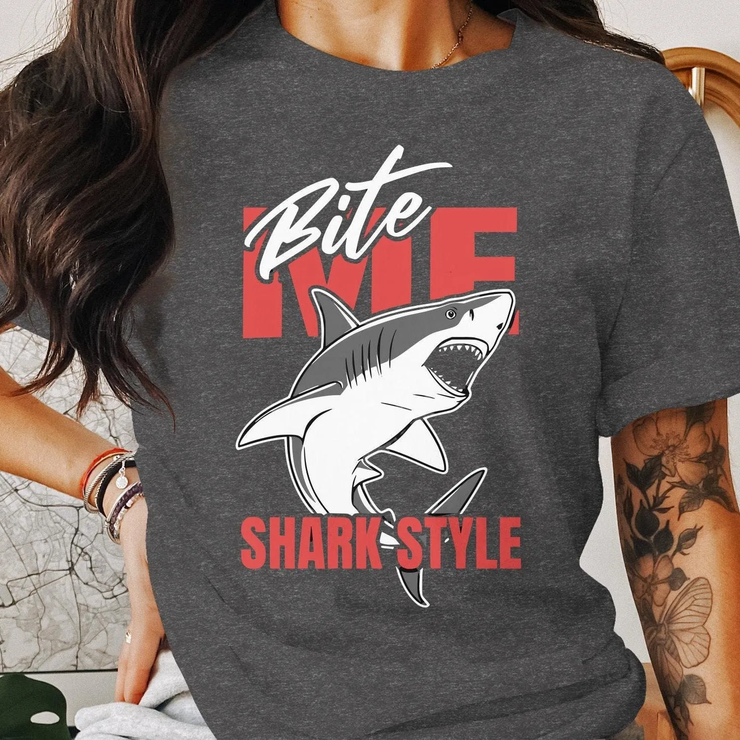 Bite Me Shark Style T-Shirt, Funny Shark Graphic Tee, Shark Lovers Gift, Unique Shark Art Shirt, Cool Shark Print Tank Top