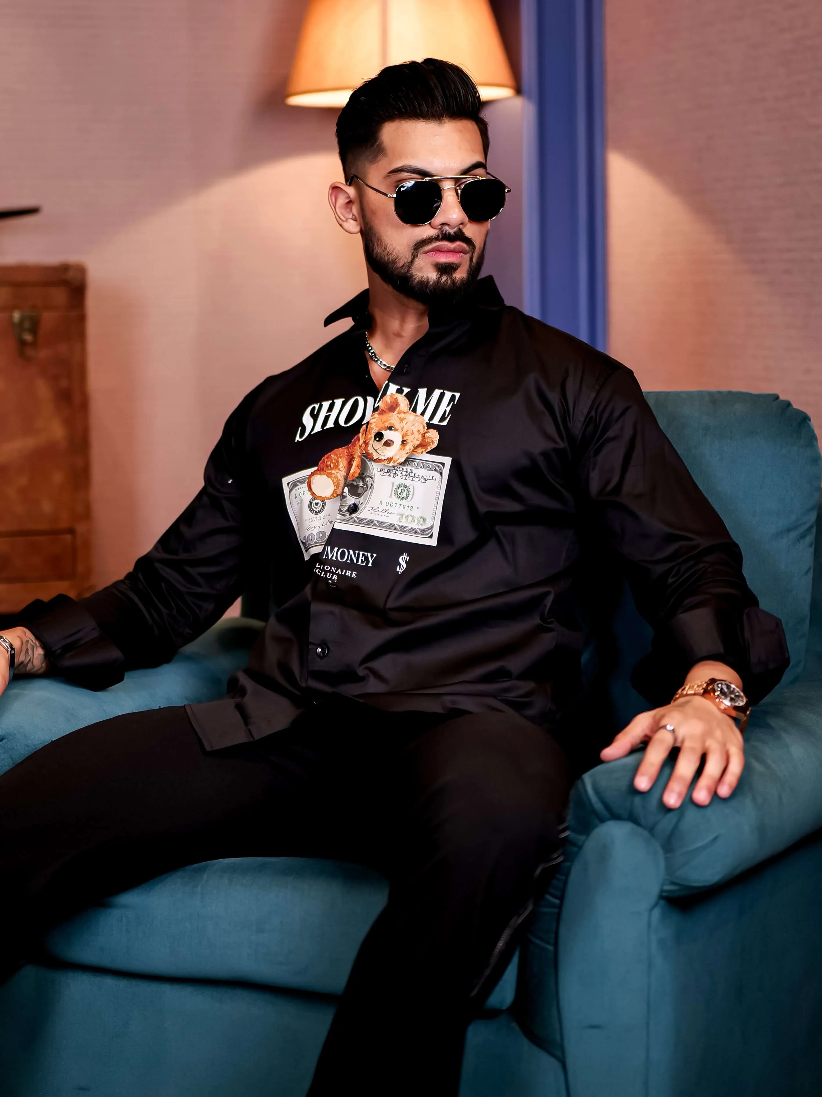 Black Club Wear Billionaire Printed Satin Cotton Shirt