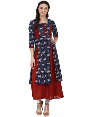 Blue & Red 3/4 Sleeve Double Layer Cotton Kurta