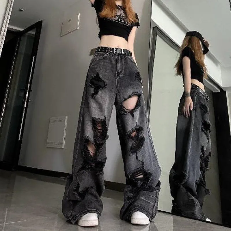 Darianrojas grunge dti American High Street Ripped Jeans Men's and Women's Summer Loose Slimming Versatile Wide-Leg Trousers Washed Distressed Pants