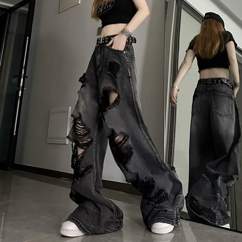 Darianrojas grunge dti American High Street Ripped Jeans Men's and Women's Summer Loose Slimming Versatile Wide-Leg Trousers Washed Distressed Pants
