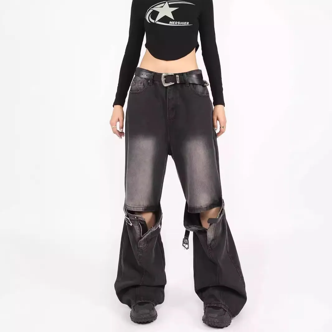 Darianrojas grunge dti Spring Blue Ripped Skinny Jeans Men's and Women's American-Style Retro Belt Stitching Straight Wide-Leg Trousers