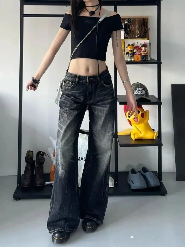 Fashionkova  Grunge Y2k Black Jeans Women Baggy Vintage High Street Oversized Denim Trousers Gothic Gyaru 2000s Acubi Fashion Jeans