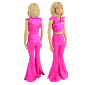 Girls Neon Pink Solar Flare Pants and Showtime Collar Sleeveless Crop Top Set