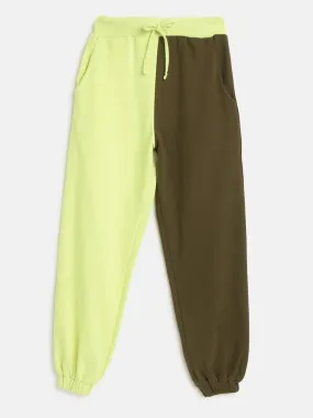 Girls Olive & Neon Green Terry Color Block Joggers - Lyush Kids