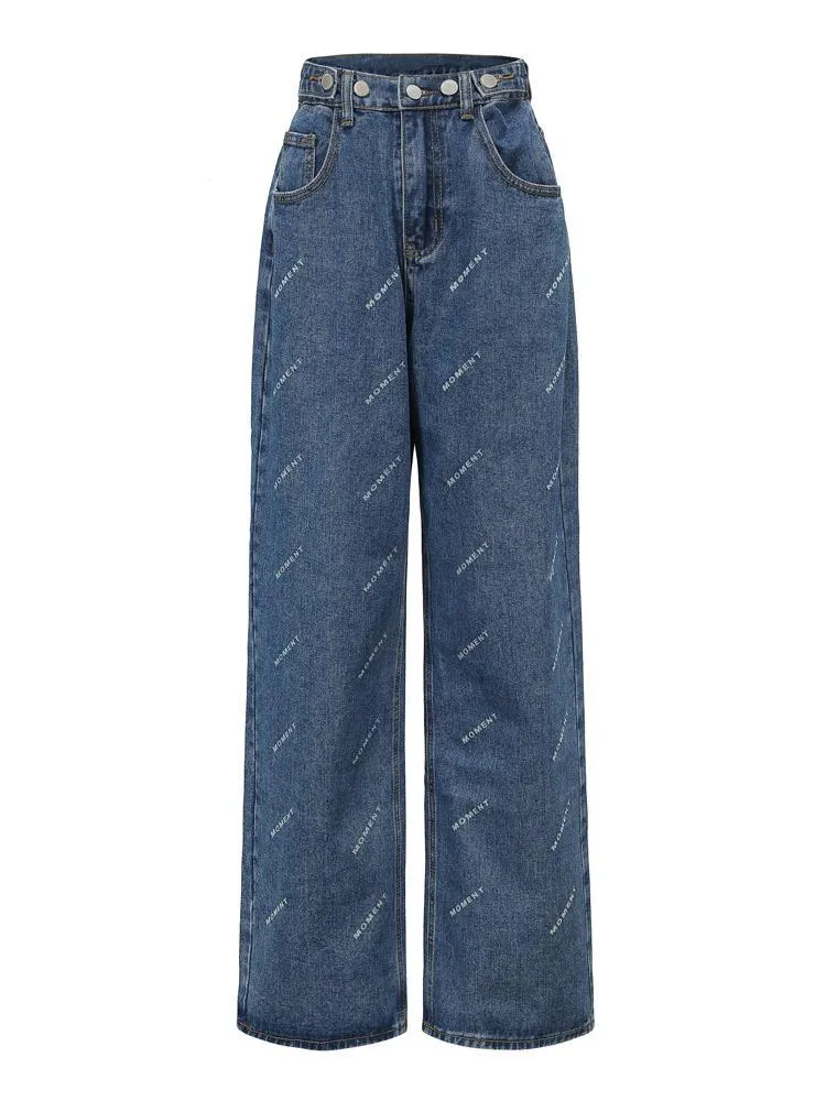 Grunge Girl Letters Print Blue Loose Denim Pants