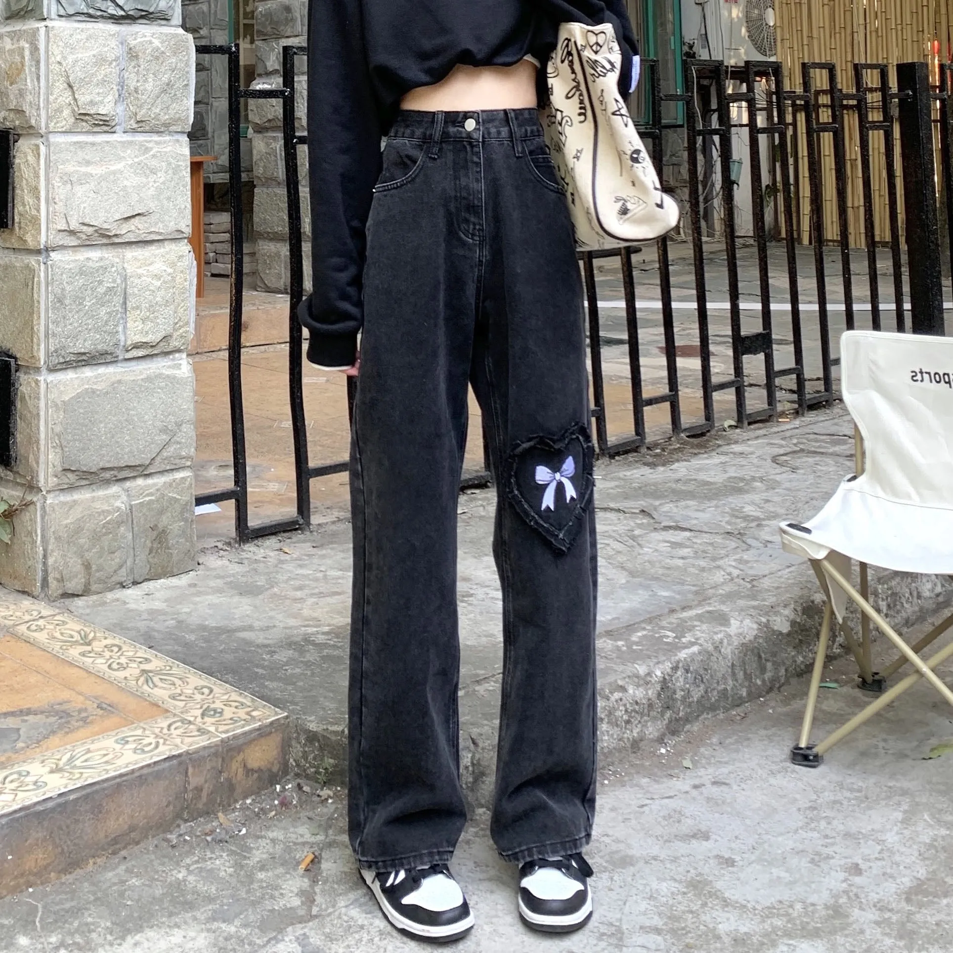 Heart Patched Bow Embroidered Denim Pants SD01420