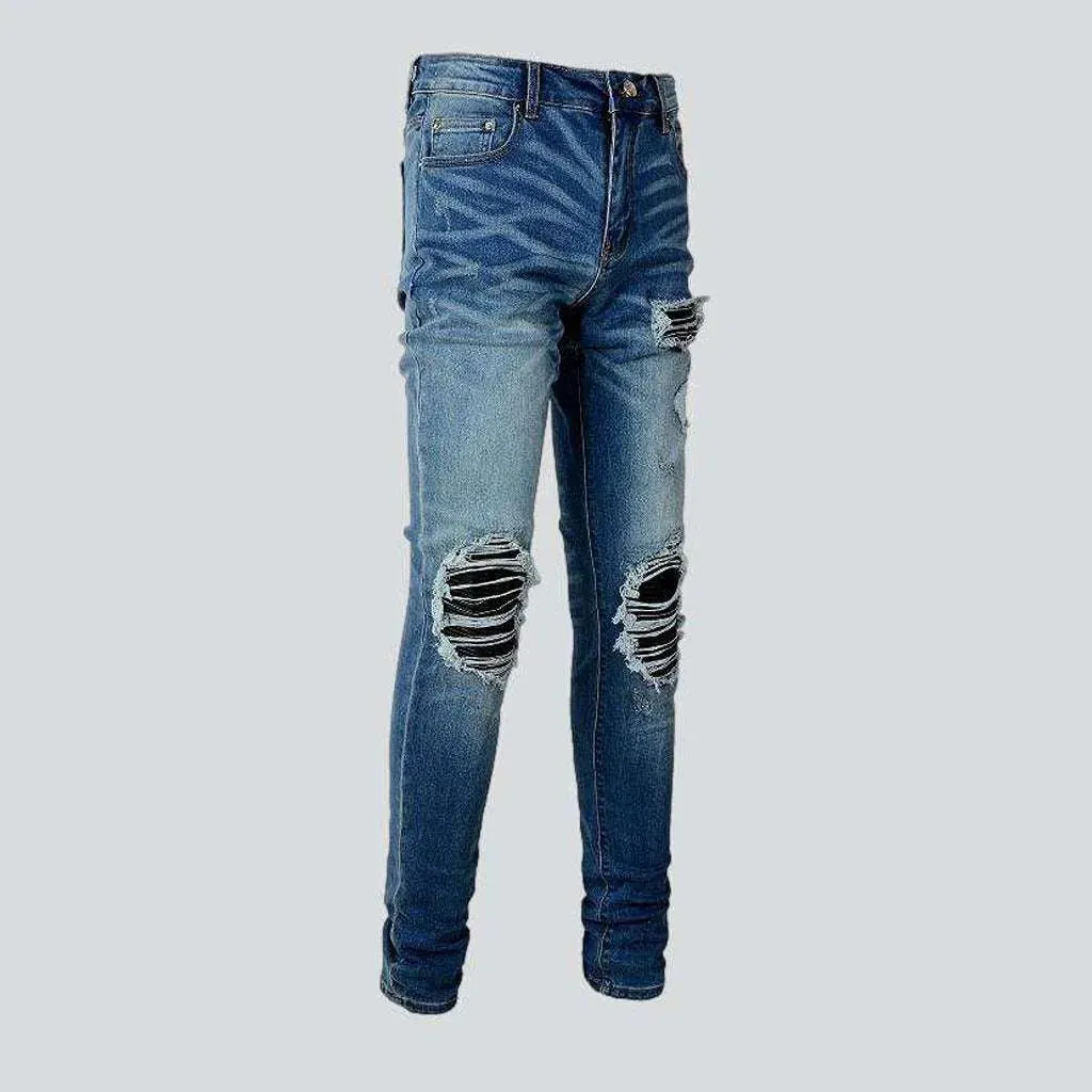 Leather patch men's skinny jeans