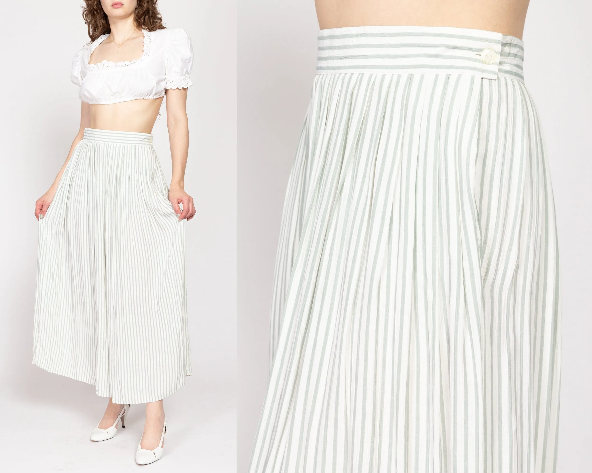 Medium 80s White & Sage Green Pinstriped Maxi Skirt 28"