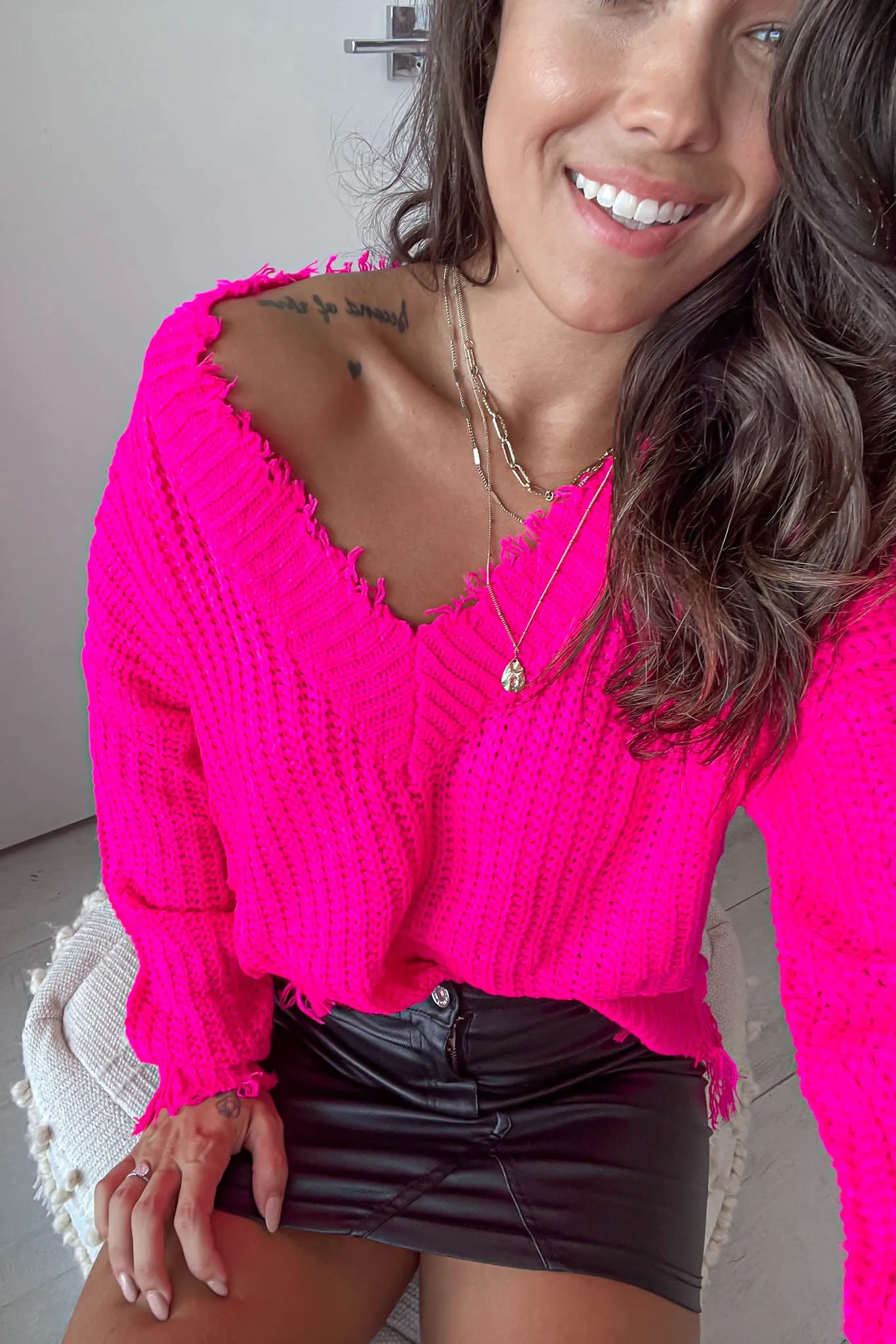 Neon Fuchsia V-Neck Frayed Sweater