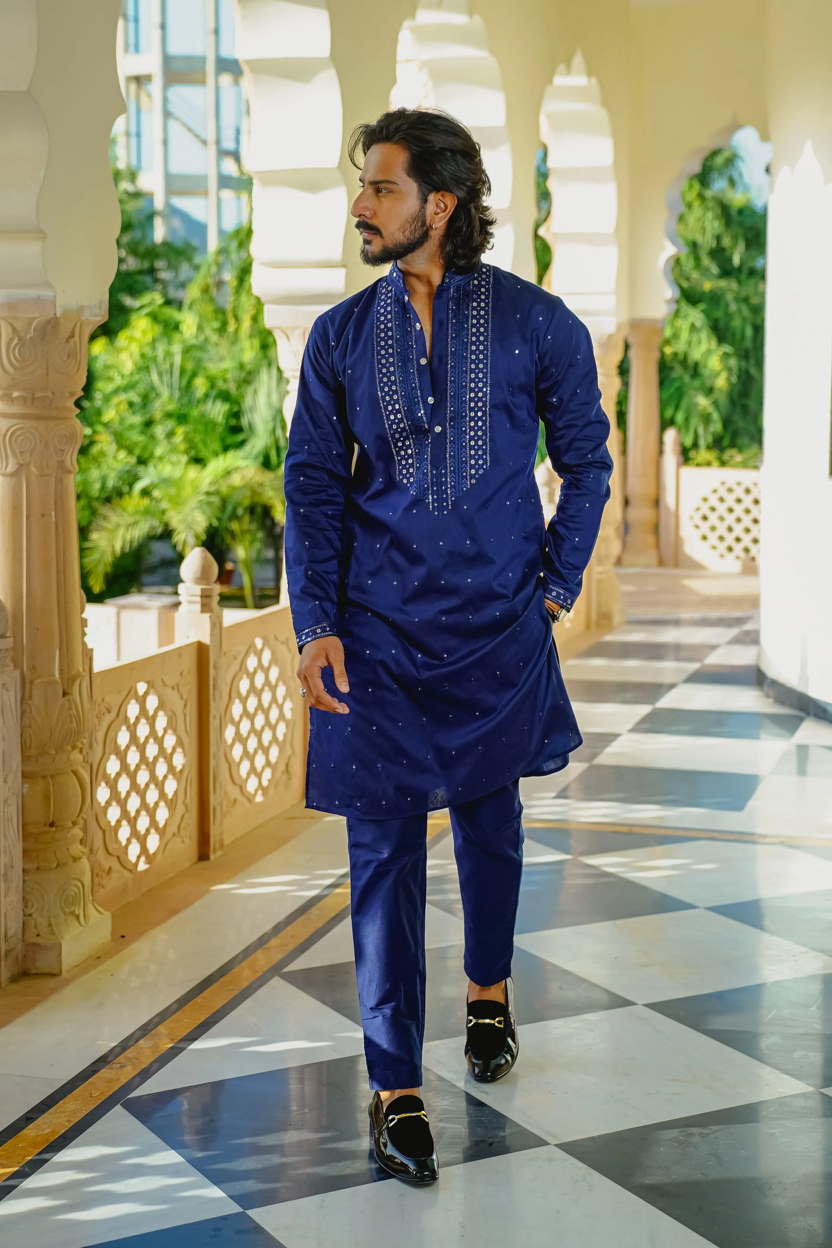 NEON NAVY BLUE NECK EMBROIDERED KURTA PAJAMA FOR MEN