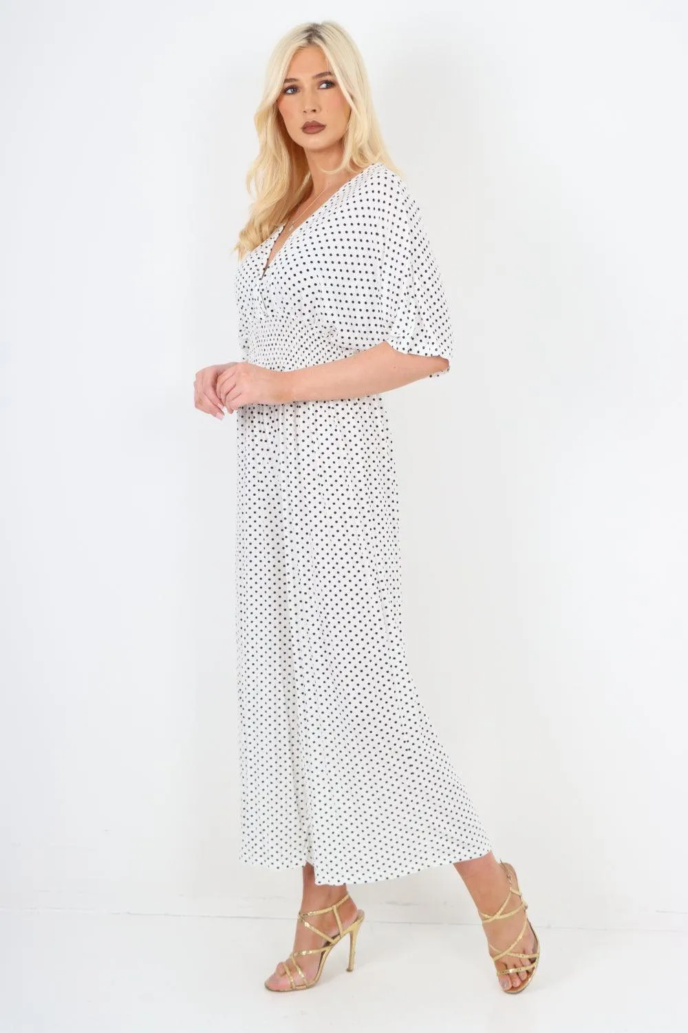 Polka Dot Shirred Waist V Neck Jumpsuit