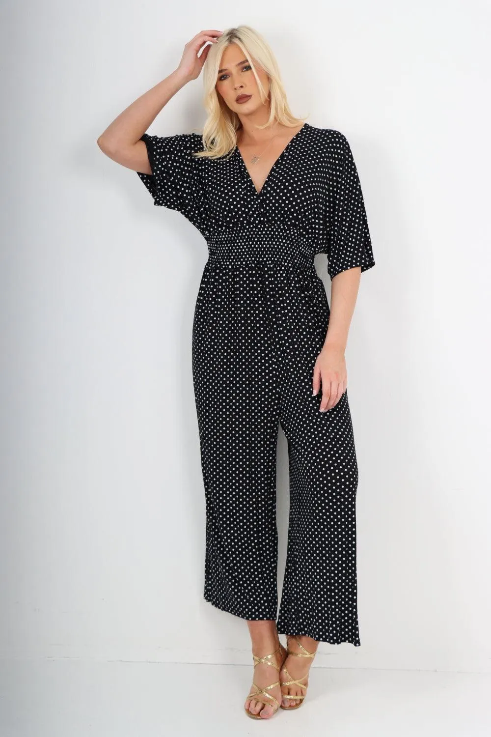 Polka Dot Shirred Waist V Neck Jumpsuit
