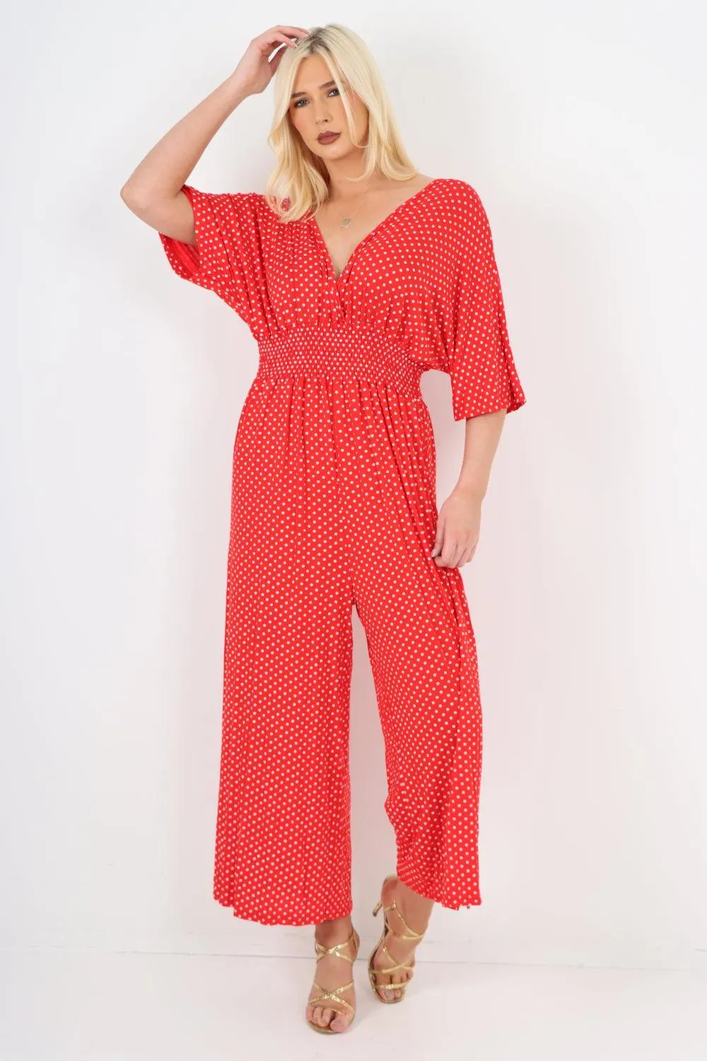 Polka Dot Shirred Waist V Neck Jumpsuit
