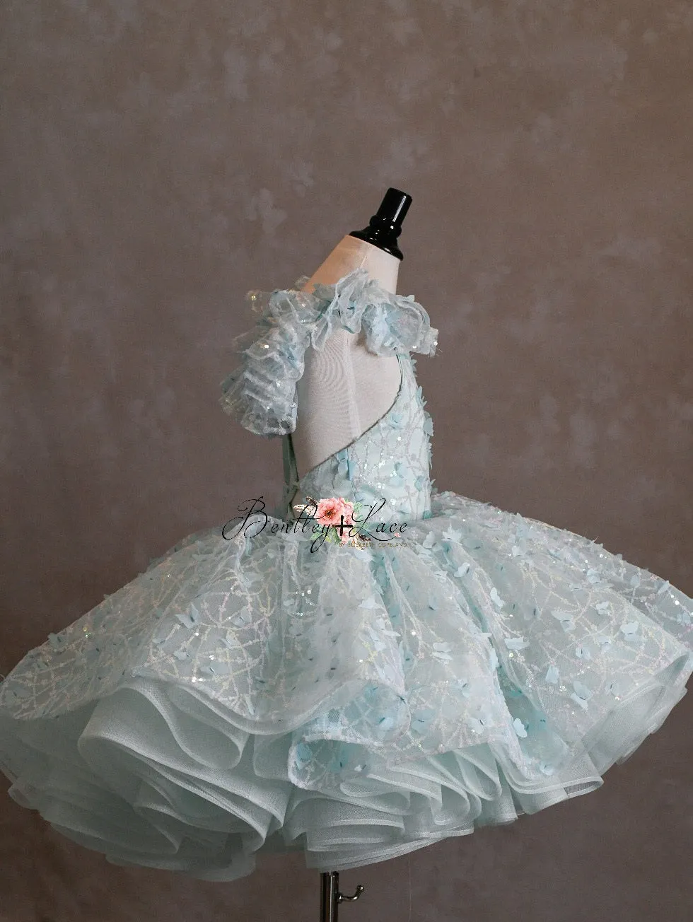 "Mystical Dreams" Butterflies- square neck Seafoam -  Petal Length Dress ( 7 Year - Petite 8 Year)