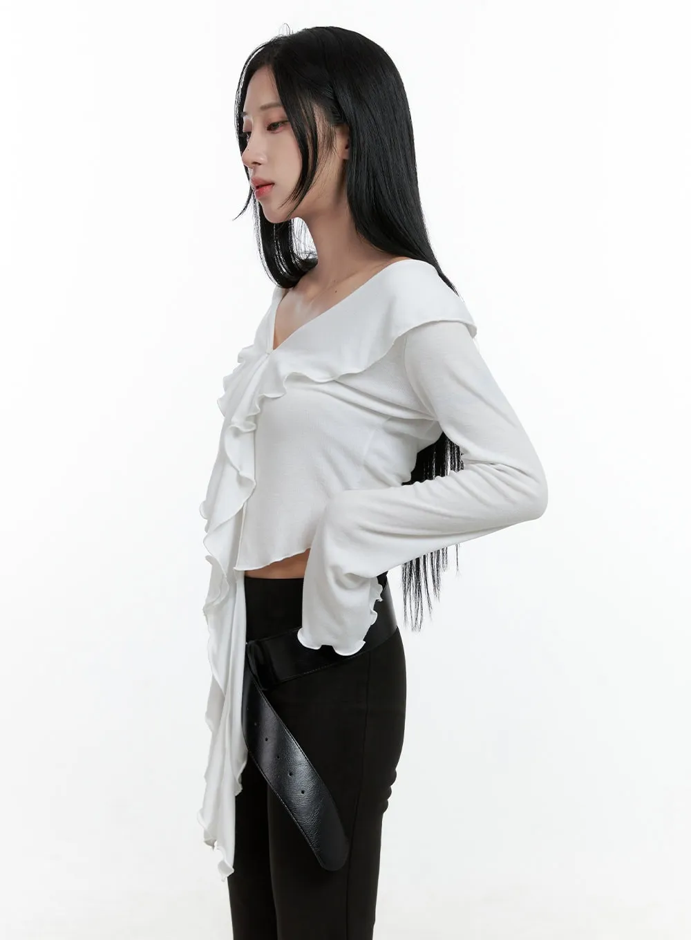 Ruffle V-Neck Long Sleeve Crop Top CN408