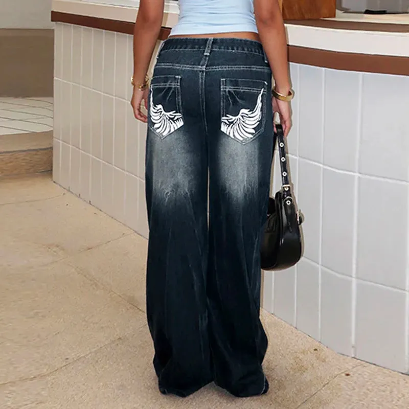 TAVIMART  -  Y2K Graphic Print Baggy Jeans Women Stylish High Street Low-rise Vintage Straight Trousers Grunge Denim Pants Outfits