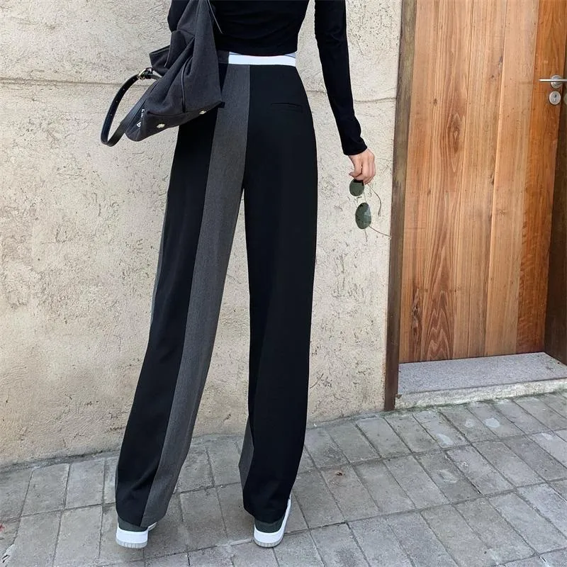 Two Colored Stitching Grey Black Grunge Straight Pants
