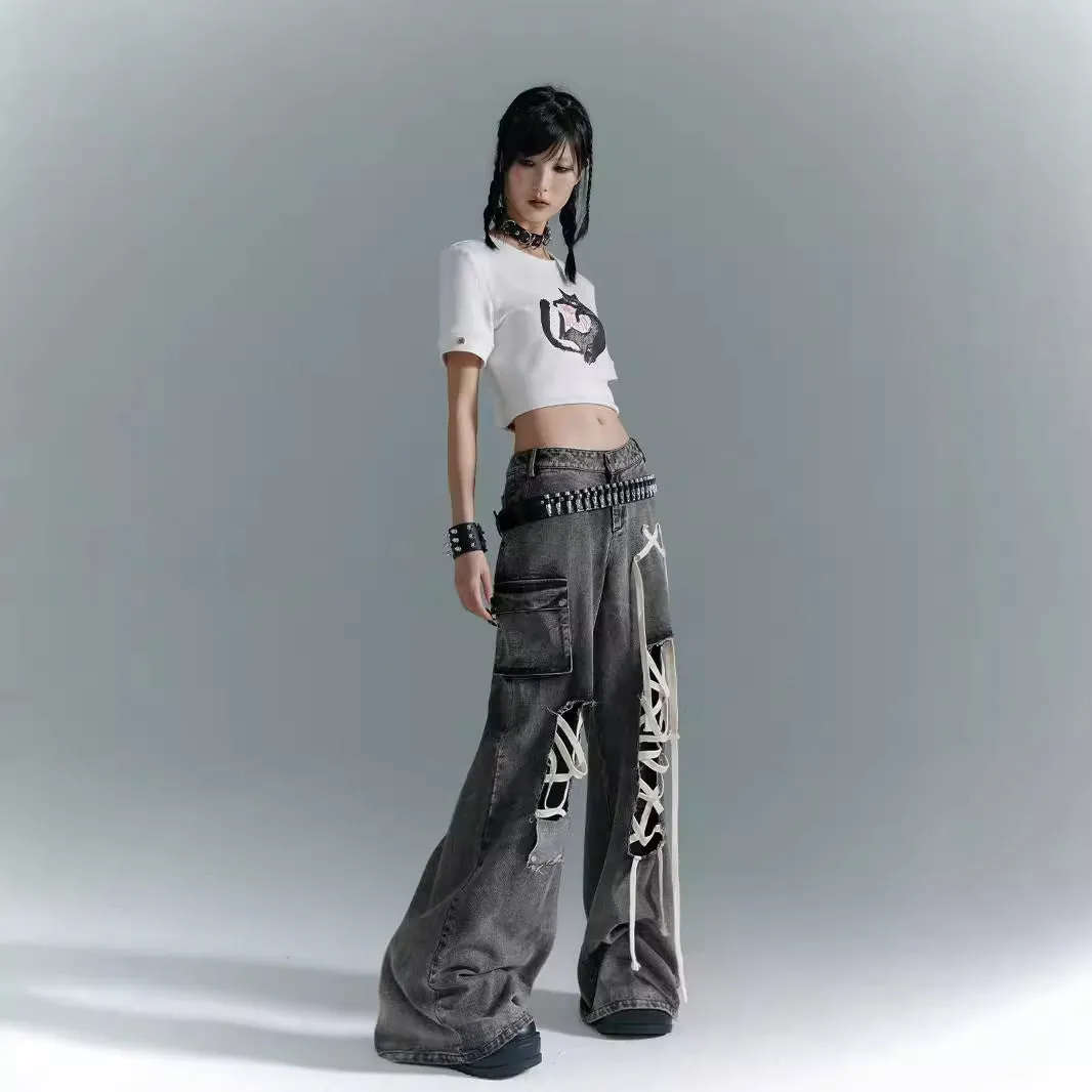 Uniwim grunge outfits American High Street Lace-up Black Design Tooling Ripped Jeans Women's Retro Low Waist Loose Wide Leg Mopping Trousers